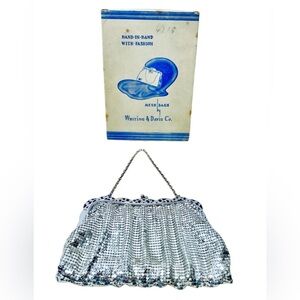 Whiting & Davis Vintage 30's Silver Mesh Filigree Framed Chain Strap Evening Bag